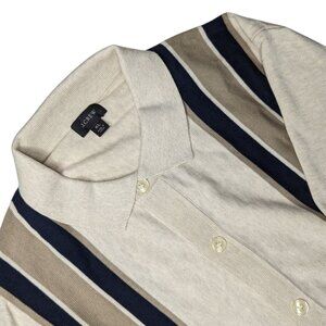 J Crew Button Front Sweater Mens XL Knit Cotton Beige Striped Short Sleeve